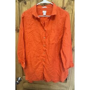 Chico's No Iron‎ Linen Shirt Women's 3 Orange Red Button Front Long Sleeve